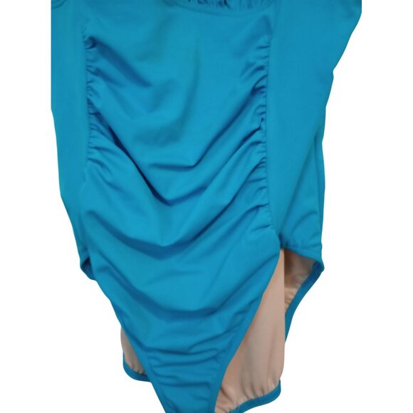 Lands End Blue One-Piece Swim Gold Accents & Ruched Front Womens Size 16 - Picture 8 of 11